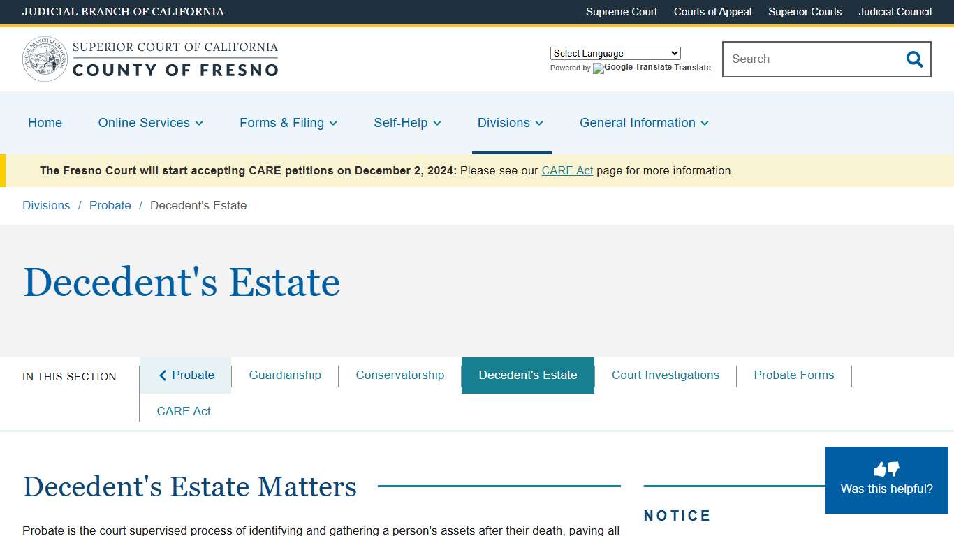 Decedent's Estate Superior Court of California County of Fresno